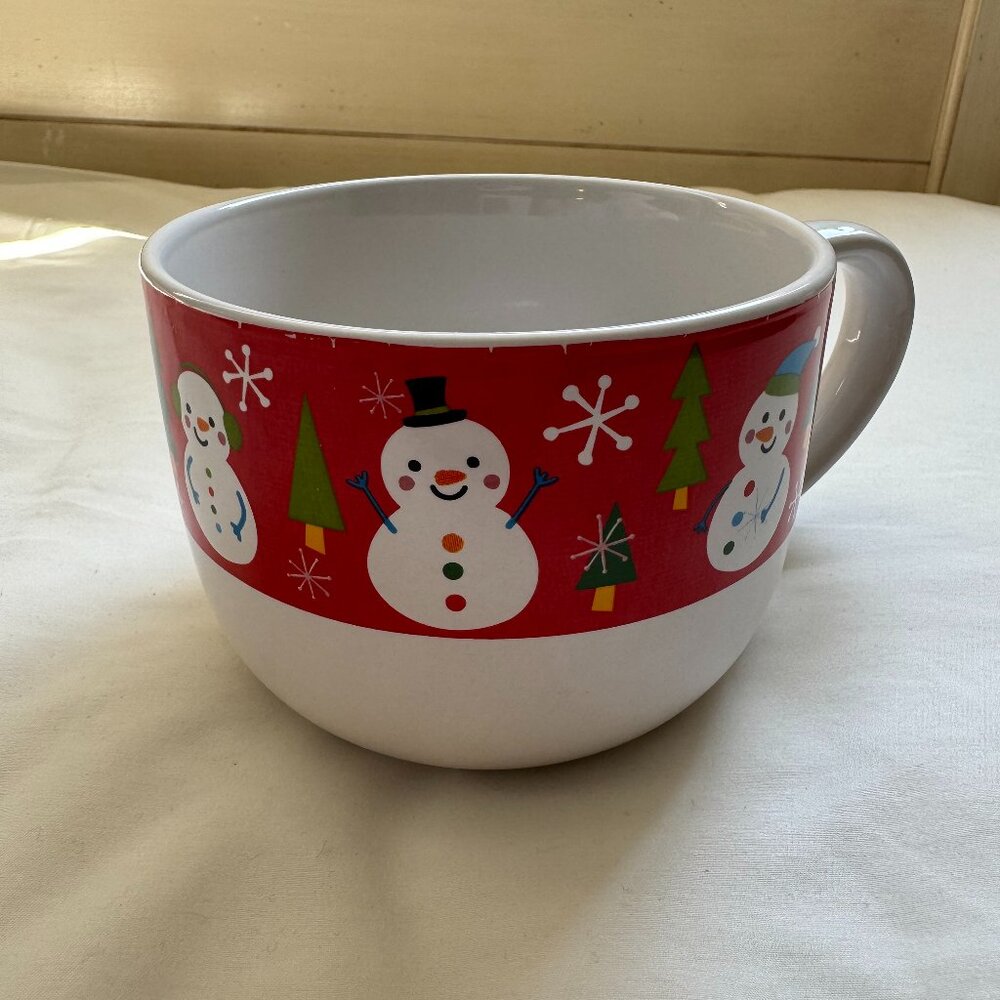 NWOT Snowman Extra Wide Mouth Coffee Mug, White and Red Snowman Print